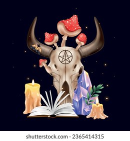Composición mágica en estilo realista con el libro de hongos venenosos de cráneo de vaca con hechizos velas en ilustración vectorial de fondo negro