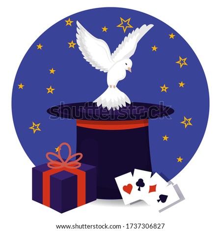 Magic composition wizard hat, white dove, mistery present and cards stock vector illustration isolated on white background. Illusionist show, performance advertising, icon.