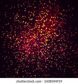 Magic concept. Abstract defocused circular golden luxury gold glitter bokeh lights background. Graphic resources design template. Vector illustration. 