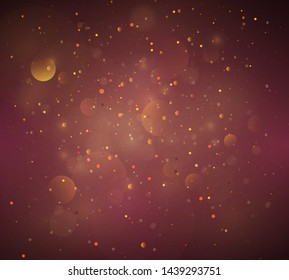 Magic concept. Abstract defocused circular golden luxury gold glitter bokeh lights background. Graphic resources design template. Vector illustration.