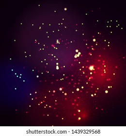 Magic concept. Abstract defocused circular golden luxury gold glitter bokeh lights background. Graphic resources design template. Vector illustration.