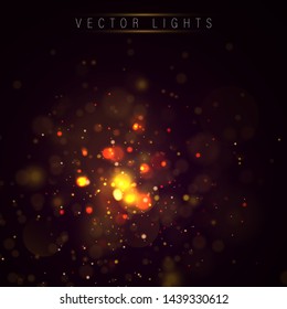 Magic concept. Abstract defocused circular golden luxury gold glitter bokeh lights background. Graphic resources design template. Vector illustration.