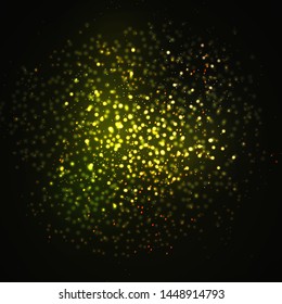 Magic concept. Abstract defocused circular golden luxury gold glitter bokeh lights background. Graphic resources design template. Vector illustration.