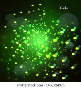Magic concept. Abstract defocused circular golden luxury gold glitter bokeh lights background. Graphic resources design template. Vector illustration.