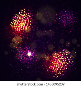 Magic concept. Abstract defocused circular golden luxury gold glitter bokeh lights background. Graphic resources design template. Vector illustration.