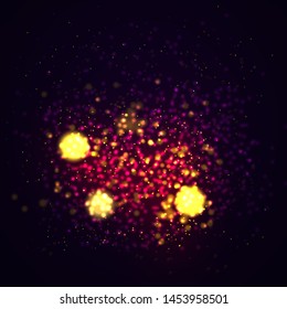 Magic concept. Abstract defocused circular golden luxury gold glitter bokeh lights background. Graphic resources design template. Vector illustration.