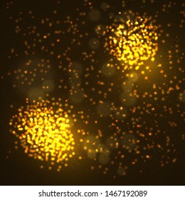 Magic concept. Abstract defocused circular golden luxury gold glitter bokeh lights background. Graphic resources design template. Vector illustration.