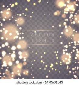 Magic concept. Abstract defocused circular golden luxury gold glitter bokeh lights background. Graphic resources design template. Vector illustration.