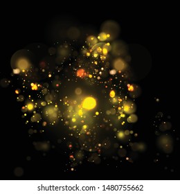 Magic concept. Abstract defocused circular golden luxury gold glitter bokeh lights background. Graphic resources design template. Vector illustration.