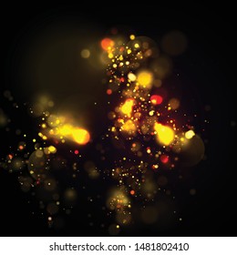 Magic concept. Abstract defocused circular golden luxury gold glitter bokeh lights background. Graphic resources design template. Vector illustration.