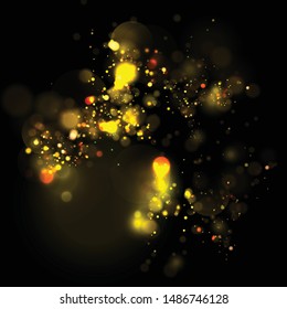 Magic concept. Abstract defocused circular golden luxury gold glitter bokeh lights background. Graphic resources design template. Vector illustration.
