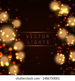 Magic concept. Abstract defocused circular golden luxury gold glitter bokeh lights background. Graphic resources design template. Vector illustration.