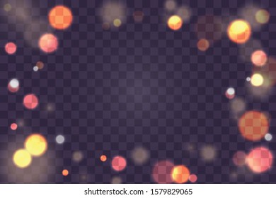 Magic concept. Abstract defocused circular golden luxury gold glitter bokeh lights background. Graphic resources design template. Vector illustration.