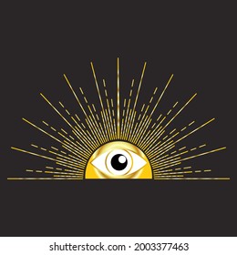 Magic concept, half gold sun with evil eye. Figure astrology, Boho design, pagan symbols for divination.