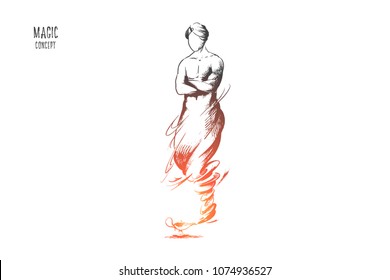 Magic concept. Hand drawn cartoon Genie coming out of magic lamp. Genie Aladdin from famous fairytale isolated vector illustration.