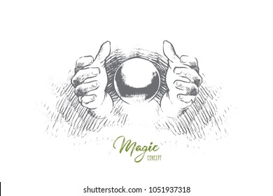 Magic concept. Hand drawn magic trick with hands and ball. Hands of illusionist doing miracle isolated vector illustration.