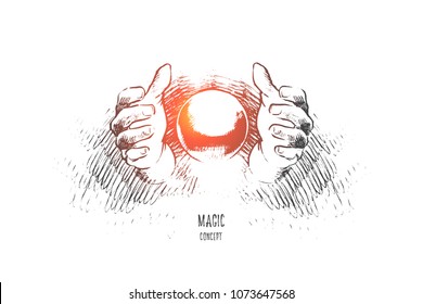 Magic concept. Hand drawn magic trick with hands and ball. Hands of illusionist doing miracle isolated vector illustration.