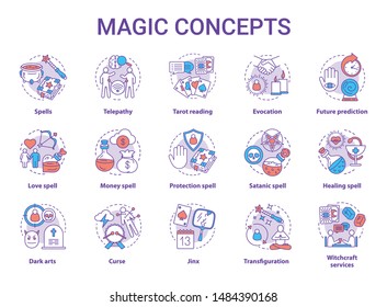 Magic concept icons set. Occultism, sorcery and witchcraft idea thin line illustrations. Various spells and alchemy potions. Fortune telling service. Vector isolated outline drawings. Editable stroke