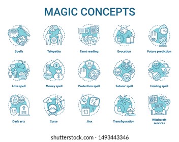Magic concept icons set. Occultism, esoterics and witchcraft idea thin line illustrations. Mystic spells and alchemy potions. Fortune telling service. Vector isolated outline drawings. Editable stroke