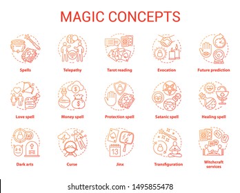 Magic concept icons set. Occultism, sorcery and witchcraft idea thin line illustrations. Various spells and alchemy potions. Fortune telling and tarot reading service. Vector isolated outline drawings