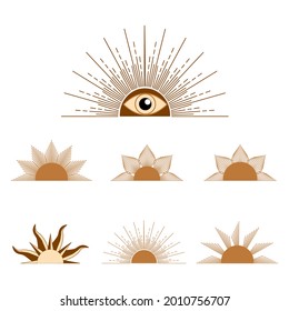 Magic concept, set vintage sun with face, gold, trending beige, stylized engraving. Illustration for astrology, boho design, pagan symbols for for divination