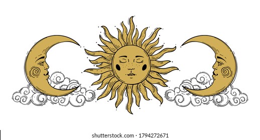 Magic concept, vintage sun and crescent pattern with face, gold and black, engraving stylized. Illustration for astrology, boho design, pagan symbols for divination. Stock vector