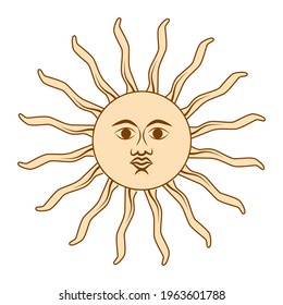 Magic concept, vintage sun with face, gold, trending beige, stylized engraving. Illustration for astrology, boho design, pagan symbols for fortune telling.