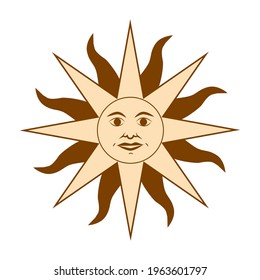 Magic concept, vintage sun with face, gold, trending beige, stylized engraving. Illustration for astrology, boho design, pagan symbols for fortune telling.