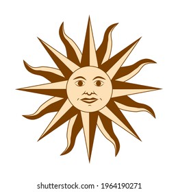 Magic concept, vintage sun with face, gold, trending beige, stylized engraving. Illustration for astrology, boho design, pagan symbols for fortune telling.
