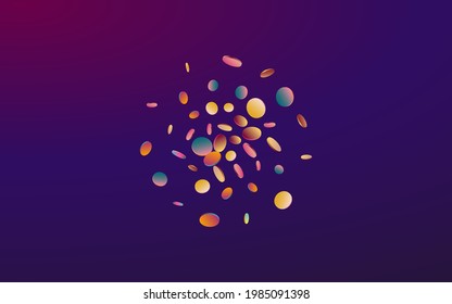 Fondo púrpura de la invitación al Confeti mágico. Papel de tapiz colorido de la Ronda Carnaval. Tarjeta Voladora. Ilustración superior de color.