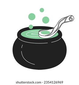 Magic cooking in halloween cauldron monochrome flat vector object. Witches pot with utensil. Editable black and white thin line icon. Simple cartoon clip art spot illustration for web graphic design