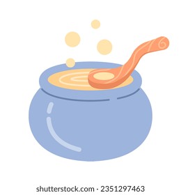 Magic cooking in halloween cauldron semi flat colour vector object. Witches pot with utensil. Editable cartoon clip art icon on white background. Simple spot illustration for web graphic design