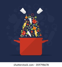 Magic Cooking Pot with vegetables. Flat Design Style. 