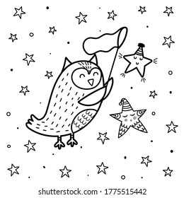 Magic cooling page with a cute owl catching a star. Black and white fantasy print for kids. Vector illustration
