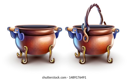 Magic copper pots for cooking food on fire. Antique utensils of fairy tale. Set with handles and on legs, Isolated on white background. Eps10 vector illustration.