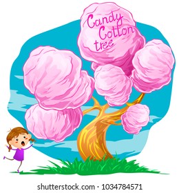 Magic cotton candy tree. Poster, greeting card, illustration for book, cover. Design element or flyer template.