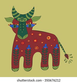 magic cow with ornaments and flowers on her back and legs,vector illustration