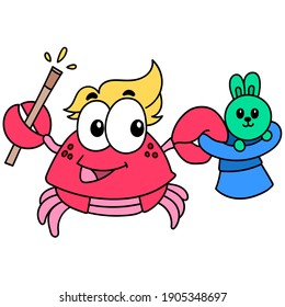 The Magic Crab Takes Out The Rabbit From The Magic Hat, Doodle Draw Kawaii. Vector Illustration Art