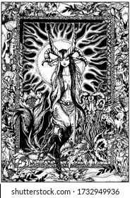 Magic creature, fabulous, mysterious Capricorn with large curved horns, long beautiful tail and scales, fins and hooves in around vegetation, flowers, goats, goat skulls and big sun behind her head.