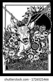 Magic creature, fairytale animal close-up, cute forest deer with kind eyes and mysterious look, with horns and big ears, surrounded by large fabolous flowers, leaves and plants. Postcard in a frame.