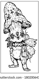 Magic creature, fairytale isolated character, small cute plump mushroom in large hat with beautiful collar and plump cheeks, leaves, vegetation, and wings on its back, stand in full growth in shoes.