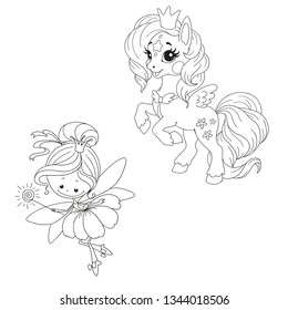 Magic creatures. Cute characters unicorn and fairy. Characters for coloring books. Pony and fairy fairy. Doodle Vector isolated on white background.