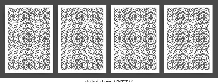 Magic Creatures and Monsters in Simple Line Art. Wavy Line and Concentric Circle Geometric Pattern Set. Abstract Black and White Seamless Design for Modern Posters and Brochures.