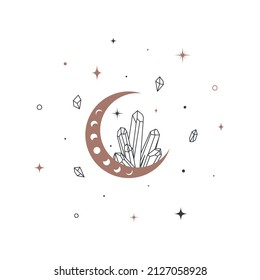 Magic crescent moon and crystal shining in trendy boho style. Alchemy logo and icon design template for cosmetic or beauty product. Black and golden colored. Celestial Vector illustration