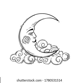 Magic crescent moon with face, line drawing isolated on white background. Astrological and esoteric design element. Stock illustration, engraving stylization