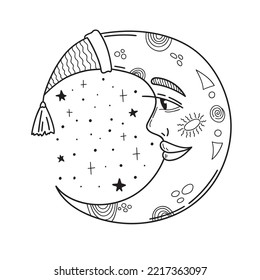 Magic Crescent Moon With A Face And Sleep Hat For Tarot, Astrology, Magic. Esoteric Vector Illustration Isolated On White Background.