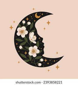 Magic crescent moon with flowers and stars. Boho style. Esoteric and mystical Vector illustration