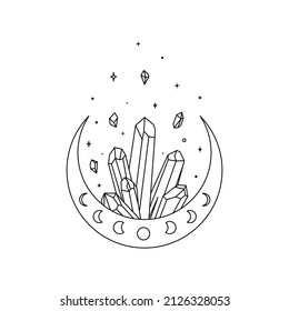 Magic crescent moon with healing crystal in trendy boho line style. Outline alchemy symbol for branding or logo and embleb witchcraft shop. Esoteric and mystical design elements. Vector illustration