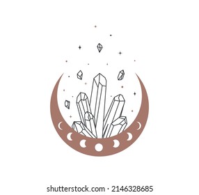 Magic crescent moon and shining crystal in trendy boho style. Alchemy logo and icon design element. Black and golden colored tribal talisman. Esoteric and mystical Vector illustration