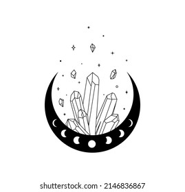Magic crescent moon and shining crystal in trendy boho style. Alchemy logo and icon design element. Black silhouette and outline symbol. Esoteric and mystical tribal talisman. Vector illustration